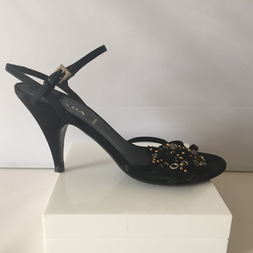 Prada Suede Heels. Black Gold & Silver Fabric 38 - Picture 2 of 7